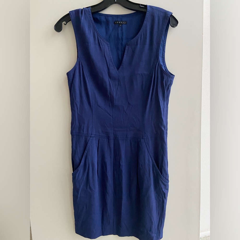 THEORY DRESS Adalize Habitat Notch V Neck Pockets Sz 4 Sleeveless Blue